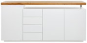 Frontansicht eines modernen XL-Sideboards mit weißem Korpus und Holzplatte.