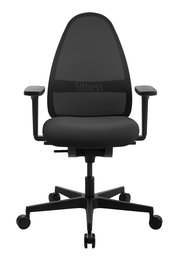 Schwarzer Bürostuhl mit Netzrückenlehne und Armlehnen, Vorderansicht