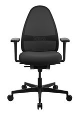 Schwarzer Bürostuhl mit Netzrückenlehne und Armlehnen, Vorderansicht