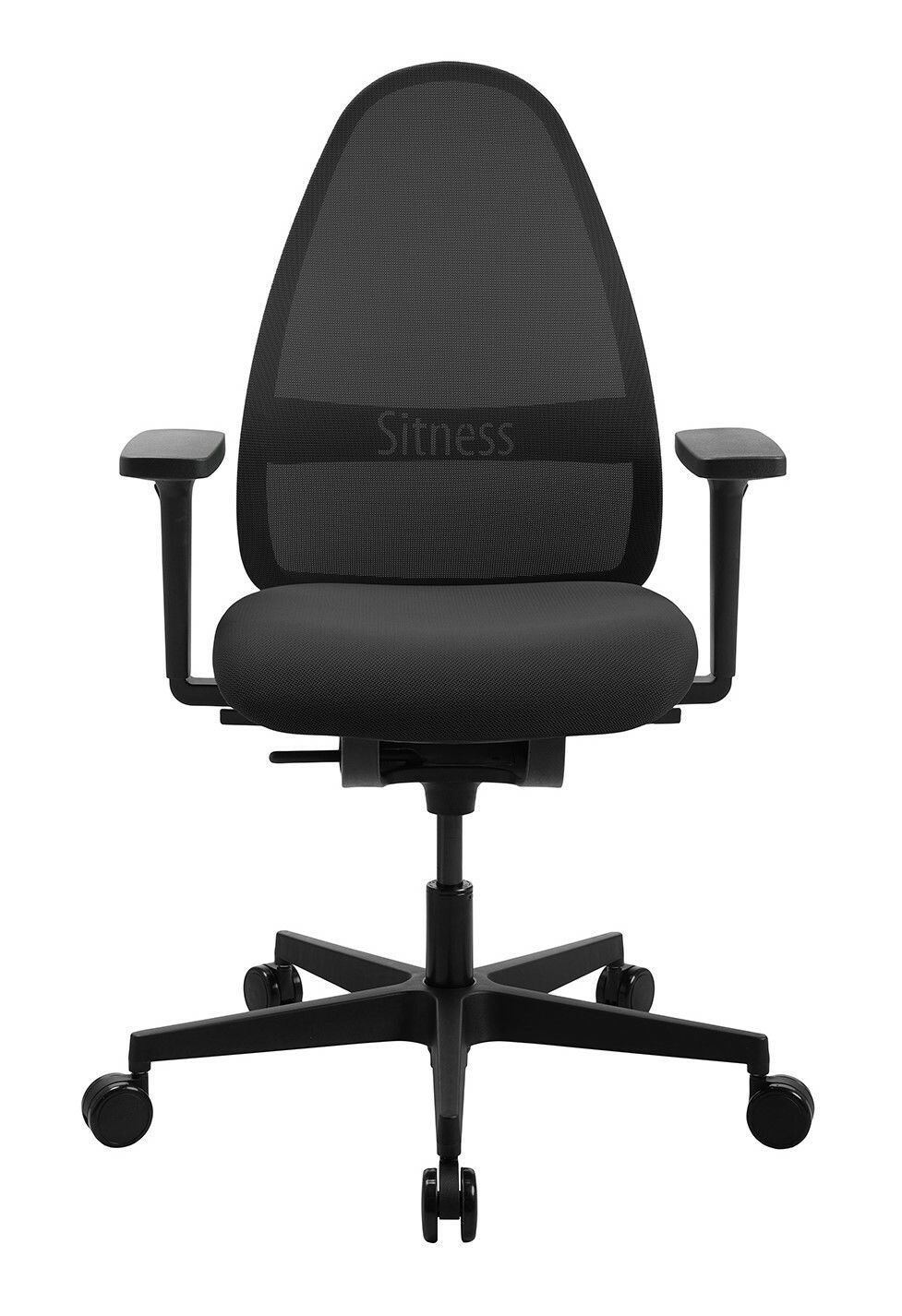 Schwarzer Bürostuhl mit Netzrückenlehne und Armlehnen, Vorderansicht