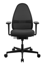 Schwarzer Bürostuhl mit Netzrückenlehne und Armlehnen, Vorderansicht