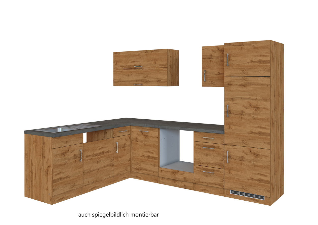 Eck-Küchenzeile in Holzoptik mit grauer Arbeitsplatte, bestehend aus Unterschränken, Hängeschränken und einem Hochschrank, perspektivisch von vorne links betrachtet.