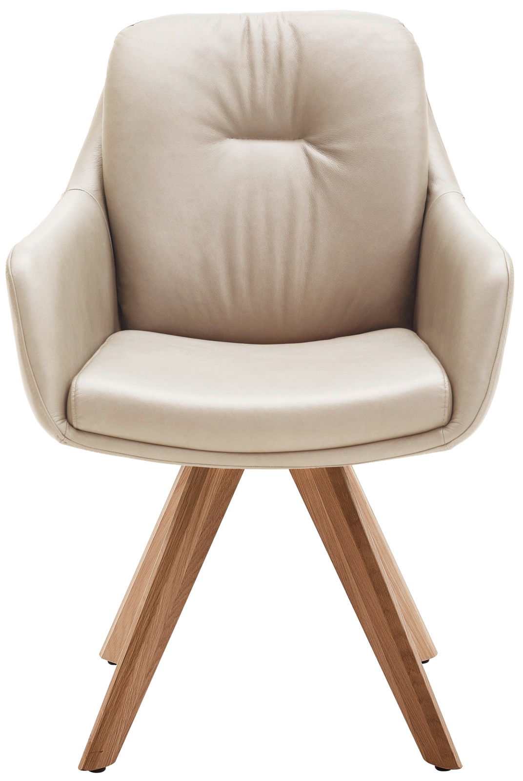 Beiger Armlehnstuhl mit Holzbeinen, Frontalansicht