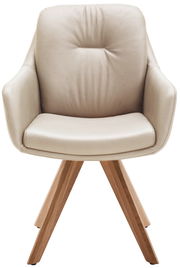 Beiger Armlehnstuhl mit Holzbeinen, Frontalansicht