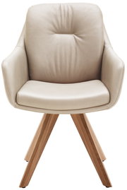 Beiger Armlehnstuhl mit Holzbeinen, Frontalansicht