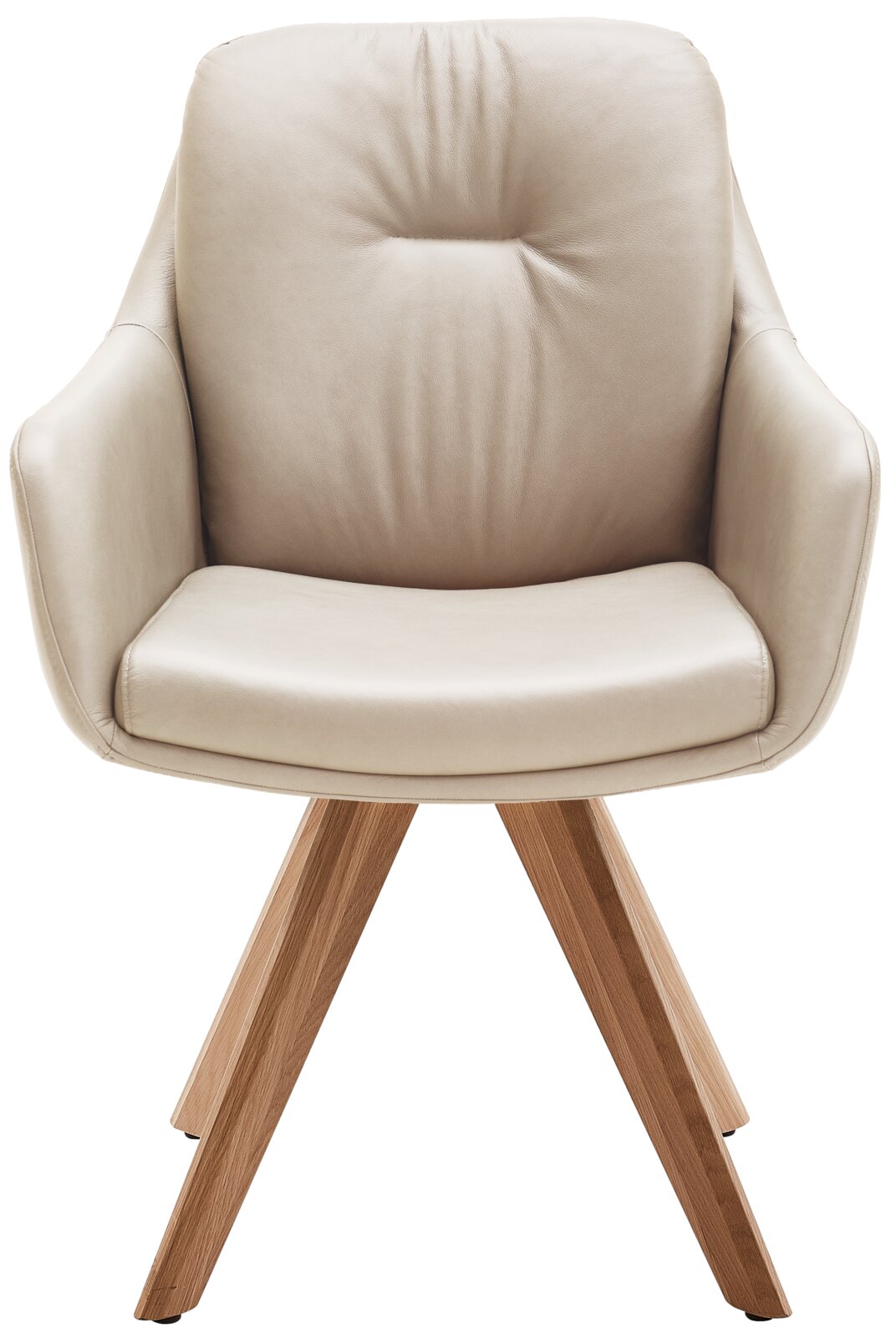 Beiger Armlehnstuhl mit Holzbeinen, Frontalansicht