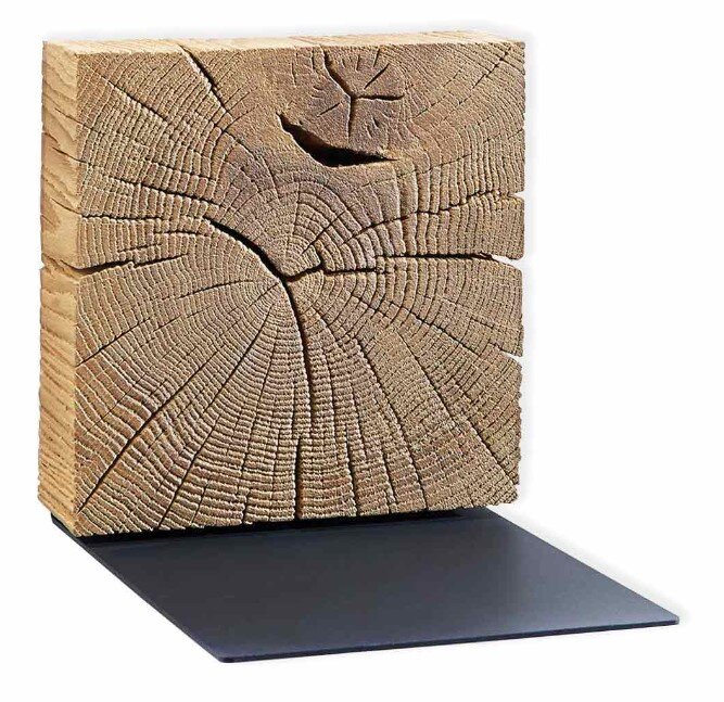 Holzblock mit sichtbarer Jahresringstruktur auf einer schwarzen Metallplatte, seitliche Perspektive