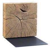 Holzblock mit sichtbarer Jahresringstruktur auf einer schwarzen Metallplatte, seitliche Perspektive