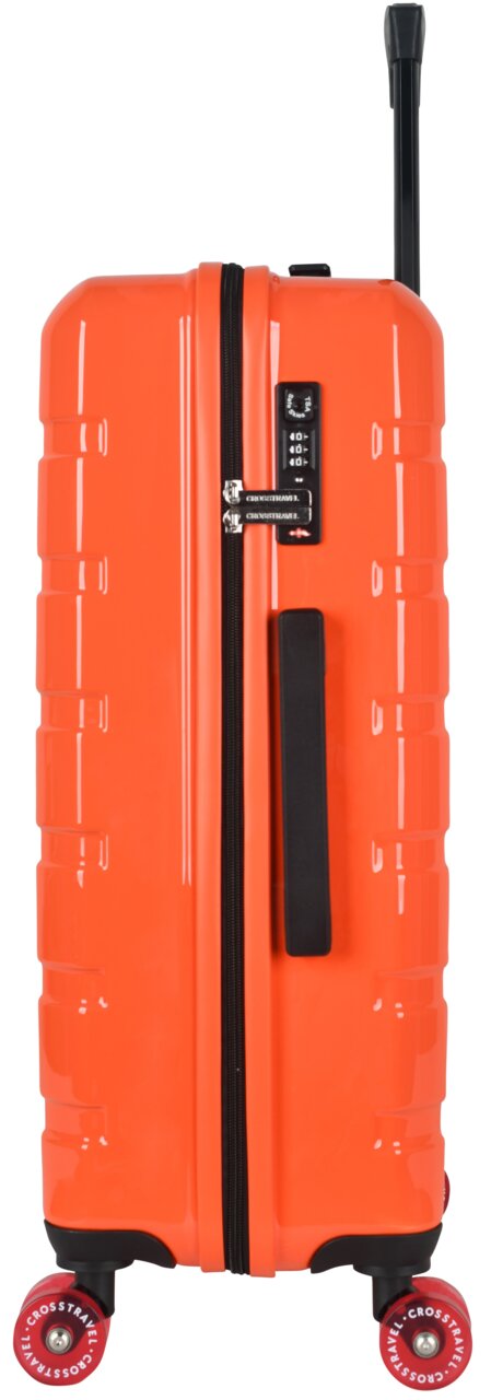 Oranger Hartschalen-Trolley mit ausziehbarem Teleskopgriff, TSA-Zahlenschloss, seitlichem Tragegriff und vier Rollen, Seitenansicht vor weißem Hintergrund