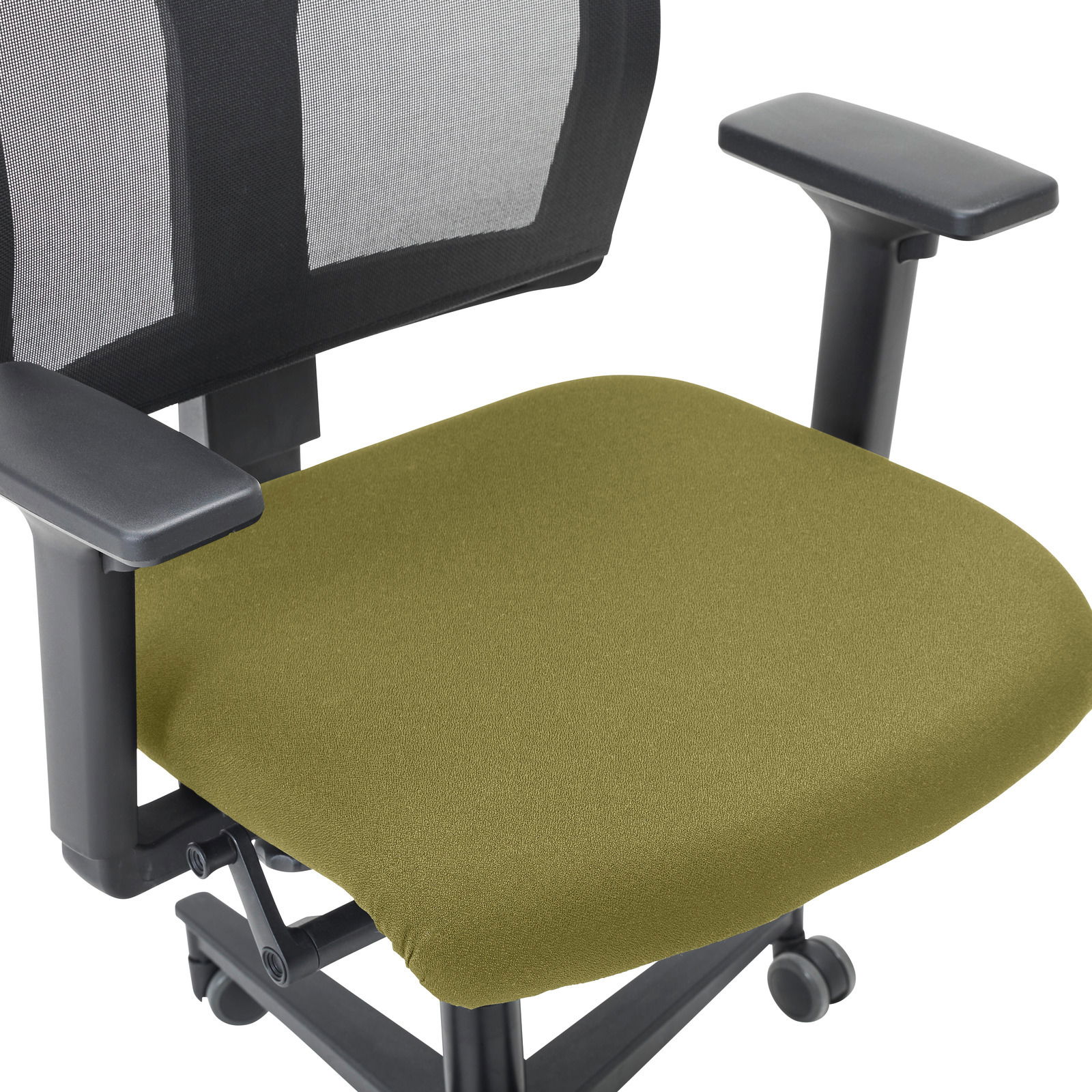 Moderner Drehstuhl mit grünem Sitzpolster und schwarzer Netzrückenlehne, seitliche Perspektive