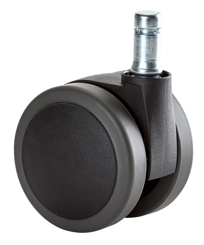 Nahaufnahme einer schwarzen Hartbodenrolle XL mit Metallstift, seitliche Perspektive