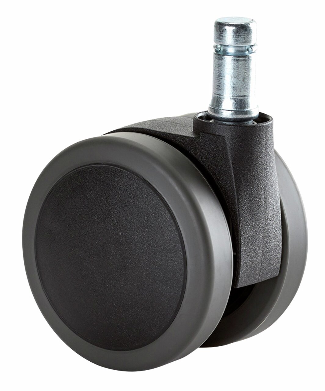 Nahaufnahme einer schwarzen Hartbodenrolle XL mit Metallstift, seitliche Perspektive