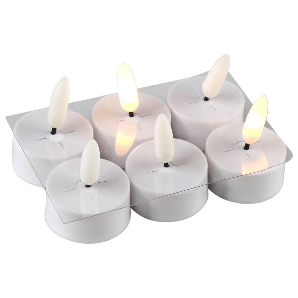 Sechs LED-Teelichter mit 3D-Flamme in einer transparenten Verpackung, Ansicht von oben.