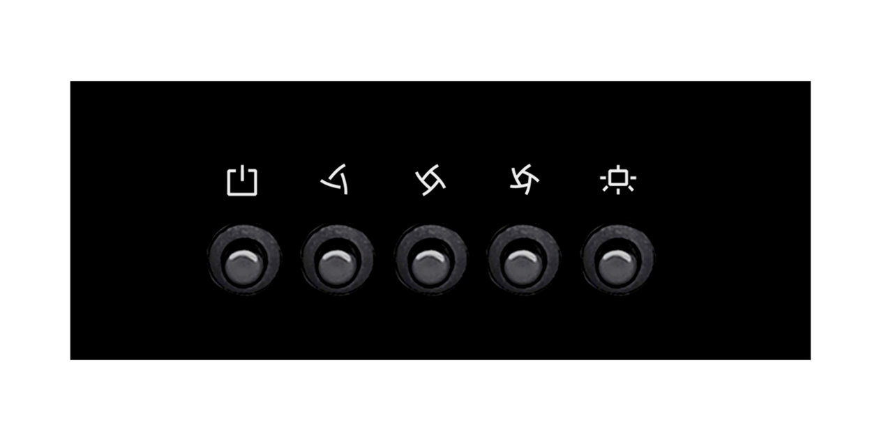Schwarzes Bedienfeld mit fünf runden Drucktasten und Symbolen darüber, Frontalansicht