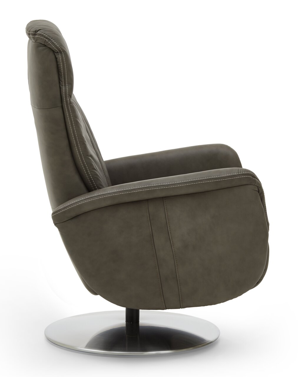Zijaanzicht van een moderne relaxfauteuil met donkergrijze lederen bekleding en een ronde metalen voet.