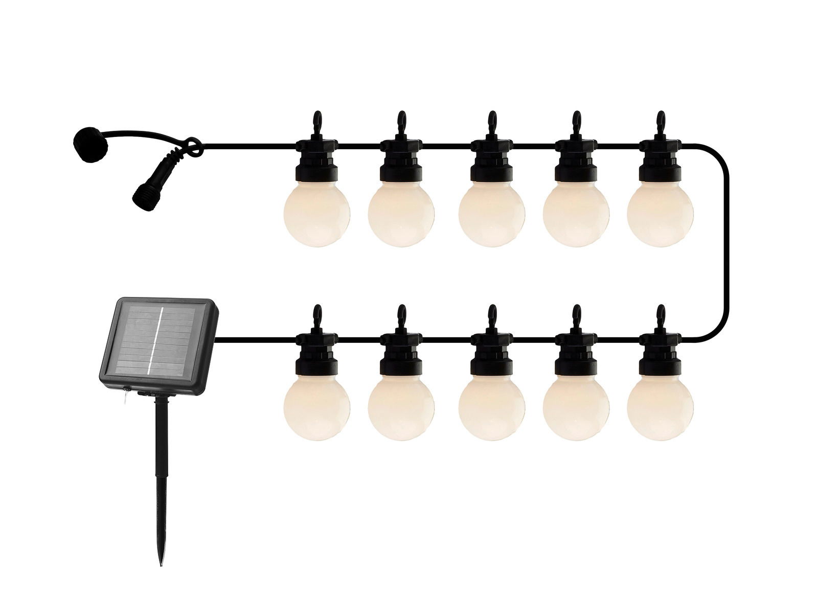 Solarbetriebene Lichterkette mit 10 LED-Lampen in Kugelform, seitliche Ansicht mit Solarpanel.