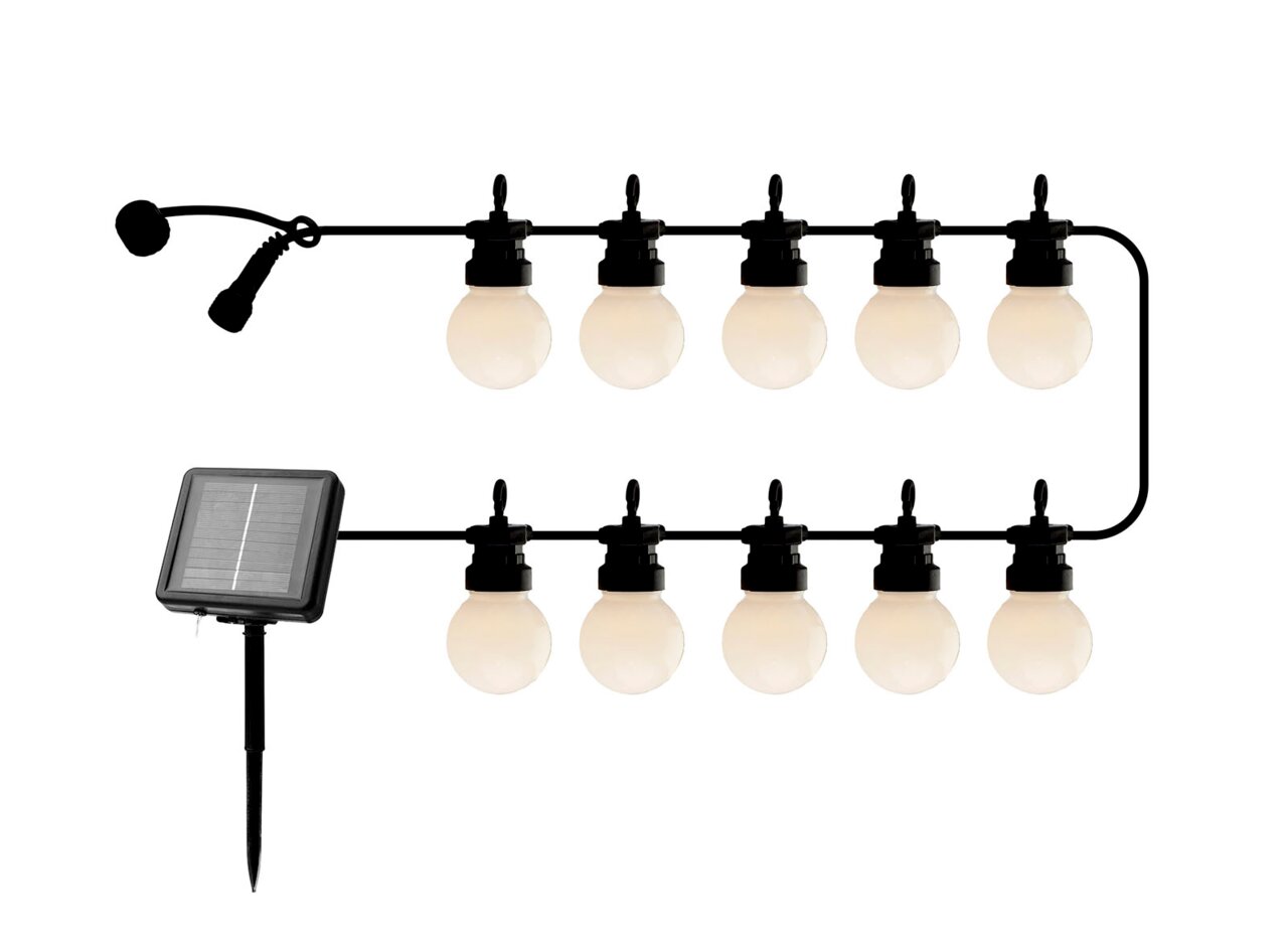 Sirius Solar-Lichterkette 10er LUCAS Solarbetriebene Lichterkette mit 10 LED-Lampen in Kugelform, seitliche Ansicht mit Solarpanel.
