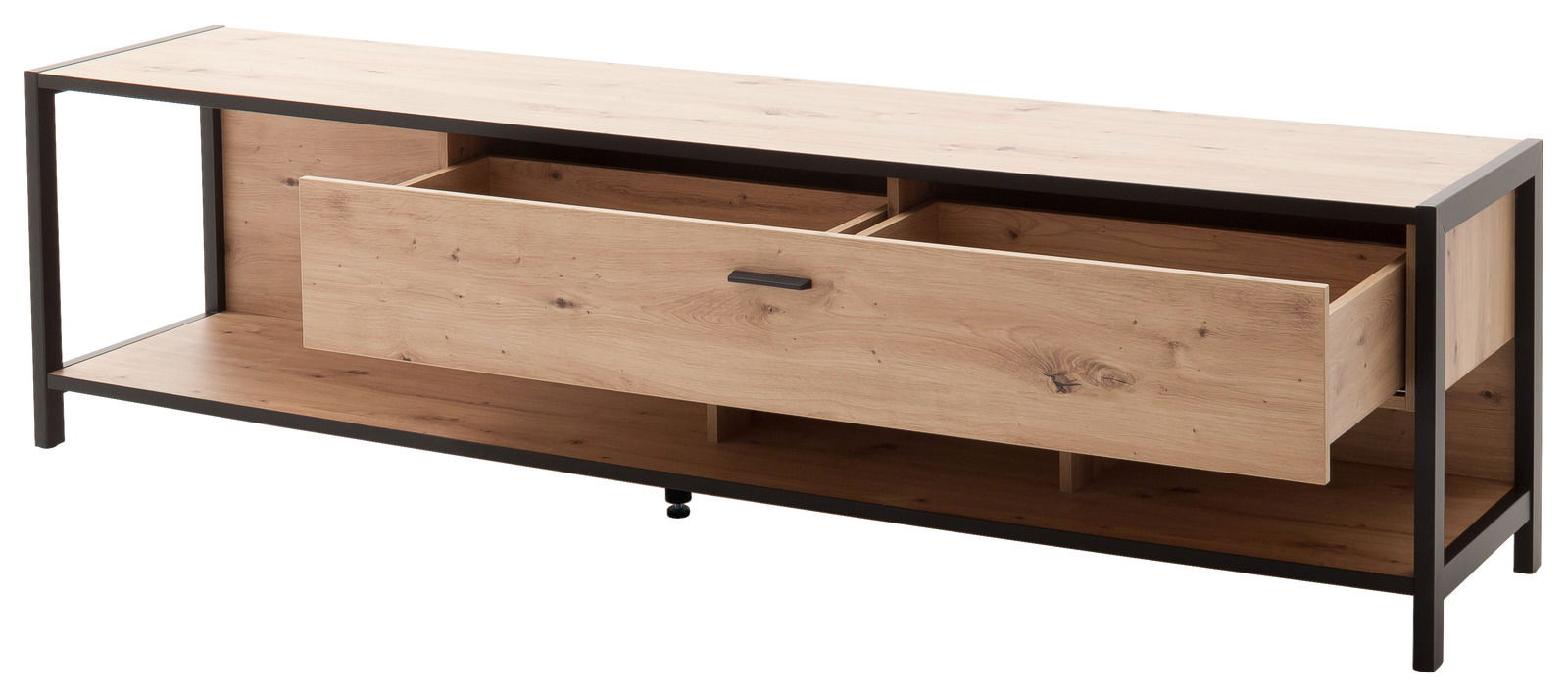TV-Lowboard aus Holz mit schwarzem Metallrahmen, Schublade geöffnet, seitliche Perspektive