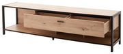 TV-Lowboard aus Holz mit schwarzem Metallrahmen, Schublade geöffnet, seitliche Perspektive