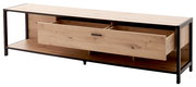 TV-Lowboard aus Holz mit schwarzem Metallrahmen, Schublade geöffnet, seitliche Perspektive