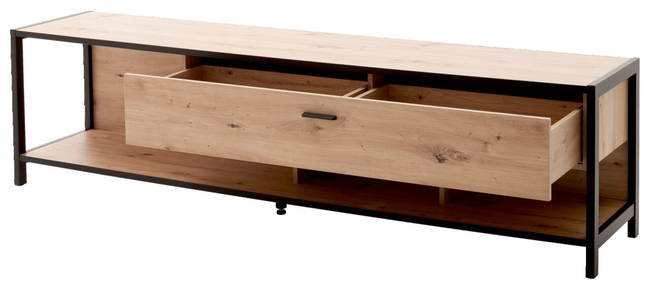 TV-Lowboard aus Holz mit schwarzem Metallrahmen, Schublade geöffnet, seitliche Perspektive