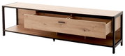 TV-Lowboard aus Holz mit schwarzem Metallrahmen, Schublade geöffnet, seitliche Perspektive