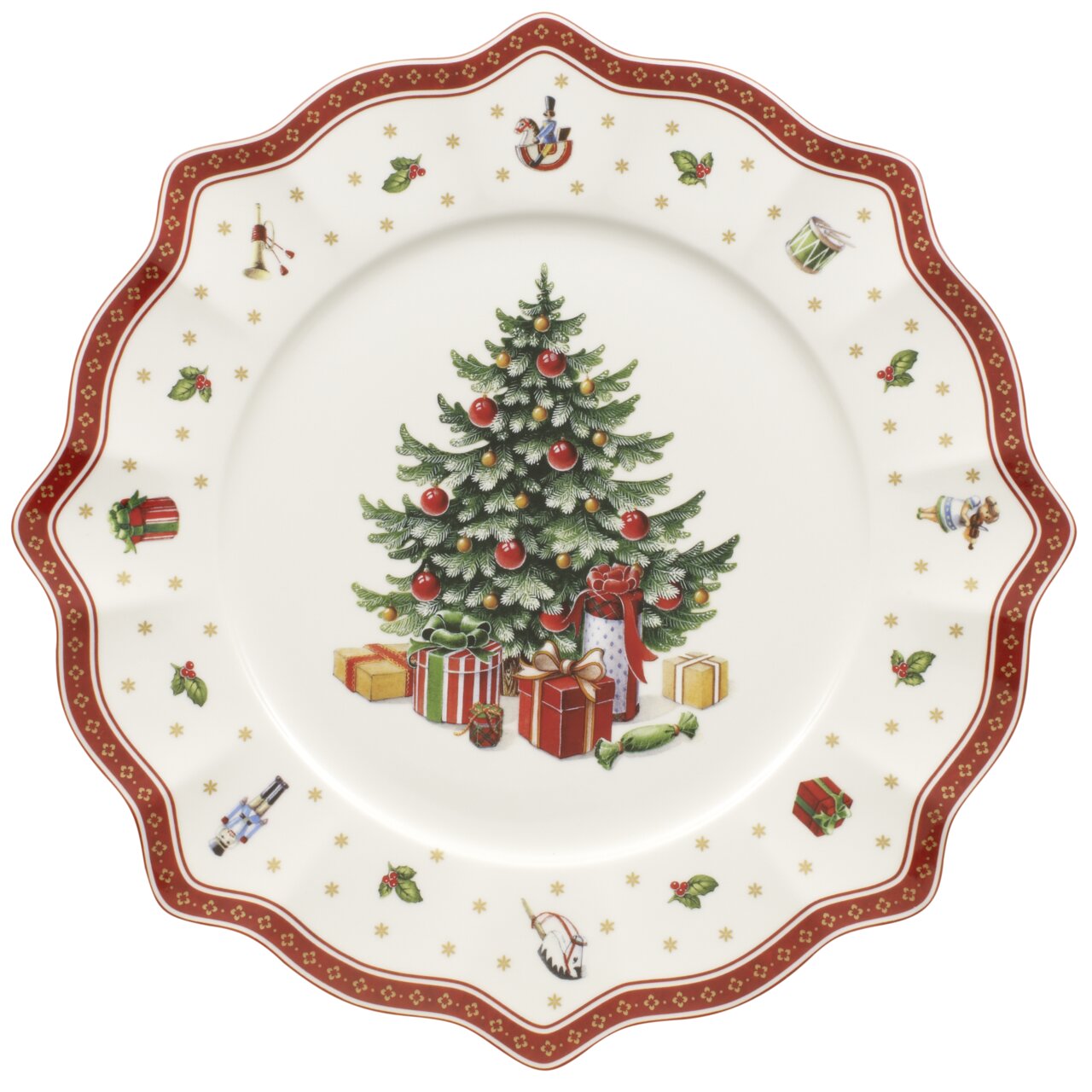 Platzteller mit weihnachtlichem Design, zeigt einen geschmückten Weihnachtsbaum mit Geschenken, von oben betrachtet.
