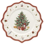 Platzteller mit weihnachtlichem Design, zeigt einen geschmückten Weihnachtsbaum mit Geschenken, von oben betrachtet.