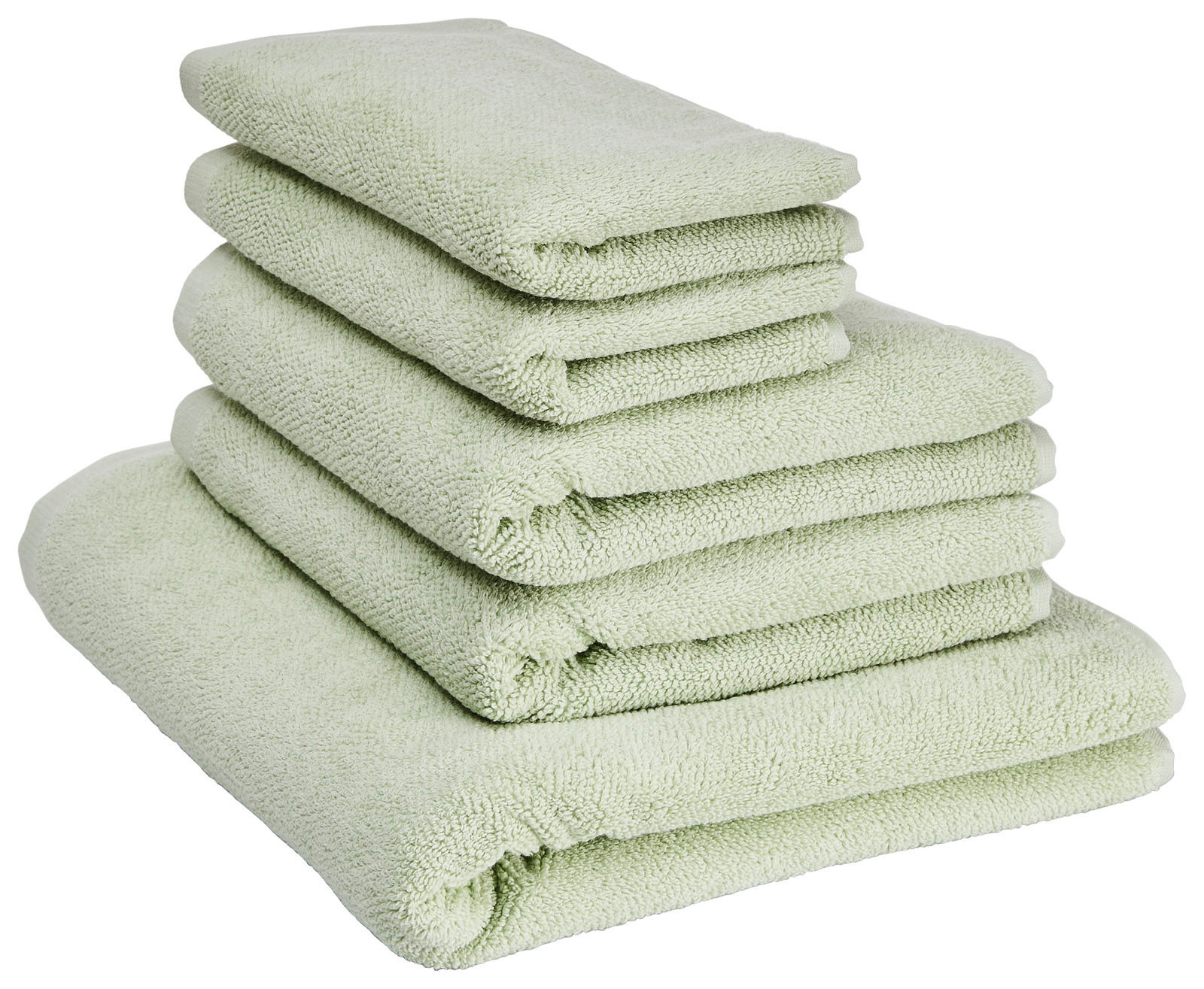 Ein Stapel aus fünf hellgrünen Handtüchern, von der Seite betrachtet.