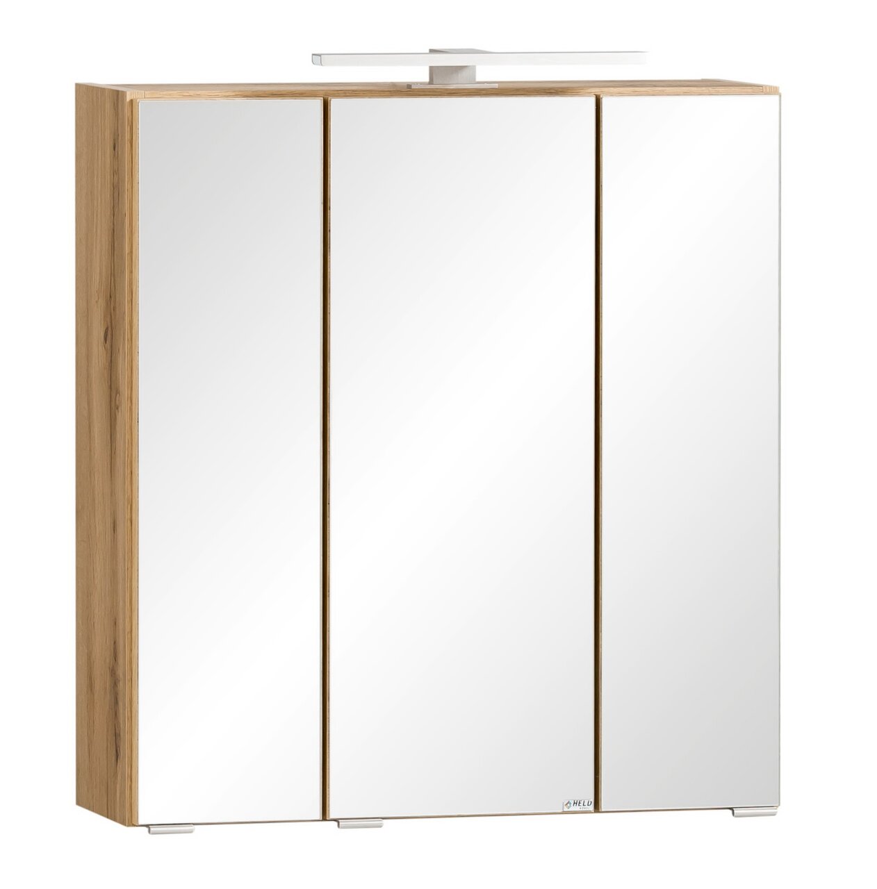 Moderne spiegelkast met drie deuren en houten frame, vooraanzicht