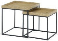 Zwei Satztische aus Holz mit schwarzem Metallgestell, perspektivisch von vorne rechts betrachtet.