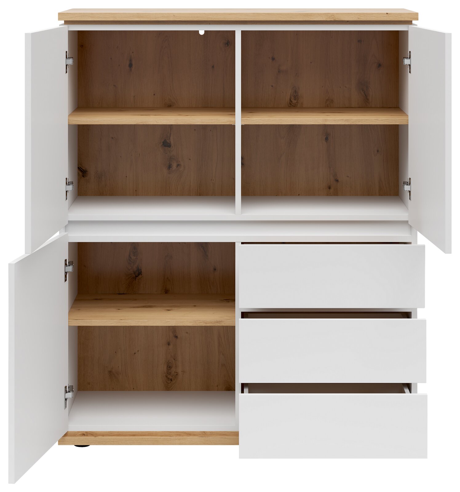 Offenes Highboard mit weißen Türen und Schubladen, Holzregalen und -rückwand, frontale Ansicht