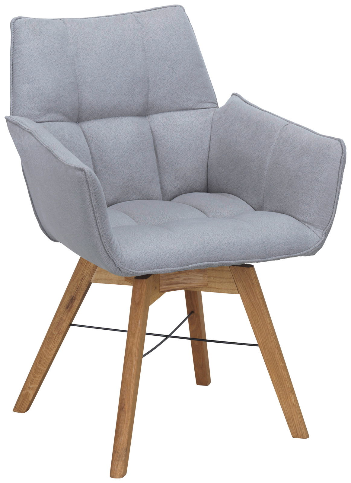 Grauer Armlehnenstuhl mit gepolstertem Sitz und Rückenlehne, Holzbeine, seitliche Perspektive