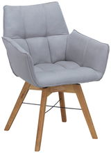 Grauer Armlehnenstuhl mit gepolstertem Sitz und Rückenlehne, Holzbeine, seitliche Perspektive