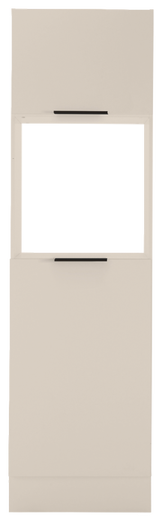 Frontansicht eines Backofen- und Kühlschrankumbaus in neutralem Farbton mit zwei schwarzen Griffen.