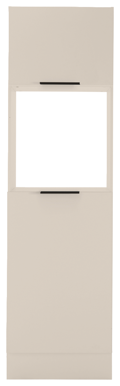 Frontansicht eines Backofen- und Kühlschrankumbaus in neutralem Farbton mit zwei schwarzen Griffen.