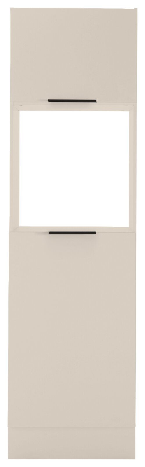 Frontansicht eines Backofen- und Kühlschrankumbaus in neutralem Farbton mit zwei schwarzen Griffen.
