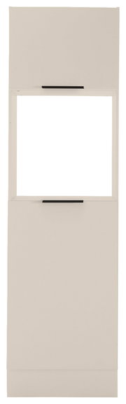 Frontansicht eines Backofen- und Kühlschrankumbaus in neutralem Farbton mit zwei schwarzen Griffen.