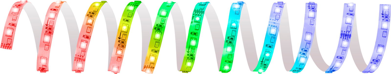 Bunte LED-Lichtstreifen in einer wellenförmigen Anordnung, von der Seite betrachtet.