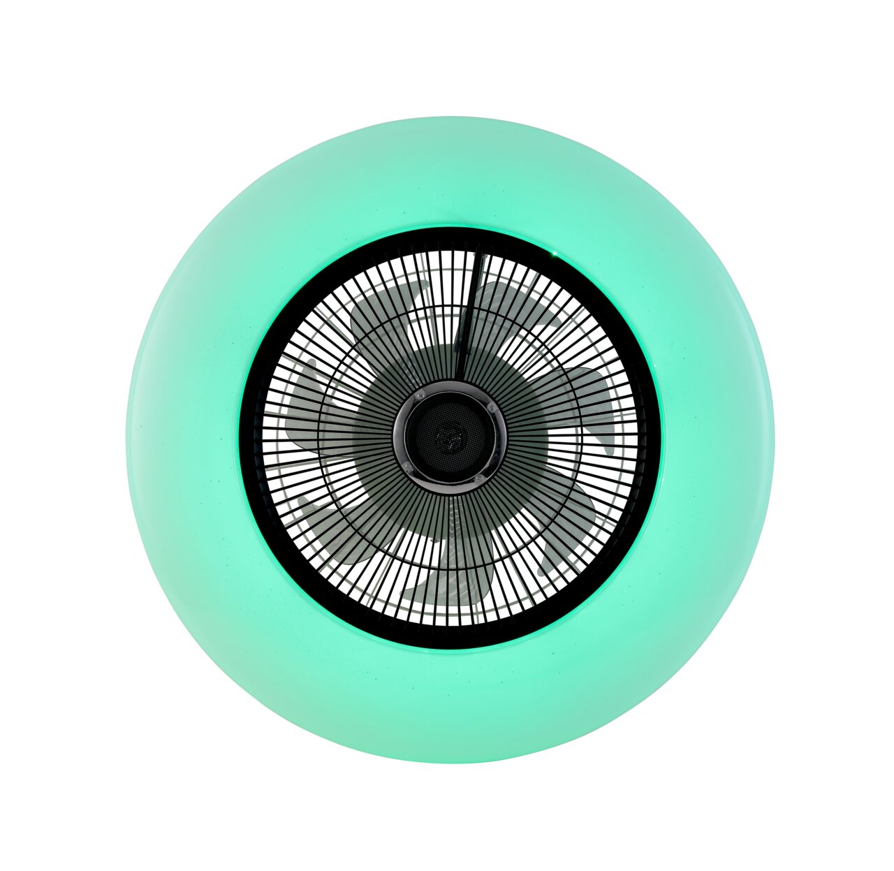 Plafondventilator met groen led-licht, gezien van onderaf