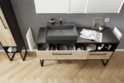 Moderne Badkombination mit grauem Waschbecken und Holzschubladen, Vogelperspektive