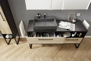 Moderne Badkombination mit grauem Waschbecken und Holzschubladen, Vogelperspektive