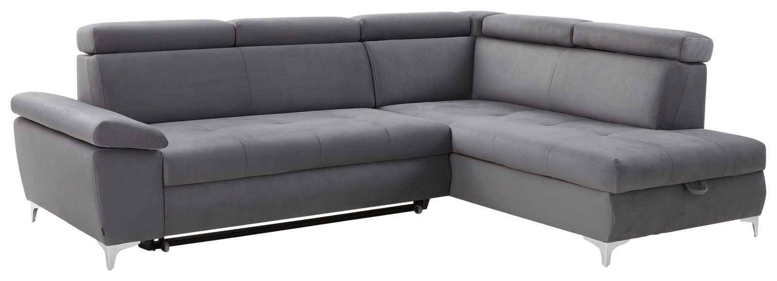 Graue Ecksofa mit verstellbaren Kopfstützen, moderne Metallfüße, Perspektive von vorne links