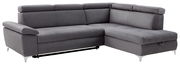 Graue Ecksofa mit verstellbaren Kopfstützen, moderne Metallfüße, Perspektive von vorne links
