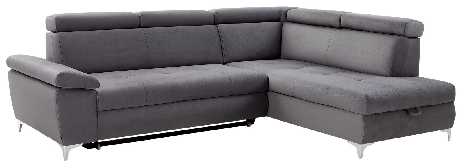 Graue Ecksofa mit verstellbaren Kopfstützen, moderne Metallfüße, Perspektive von vorne links