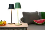 Zwei Akku-Tischleuchten in Schwarz und Grün auf einem Tisch, seitliche Perspektive, mit einem Sofa im Hintergrund.
