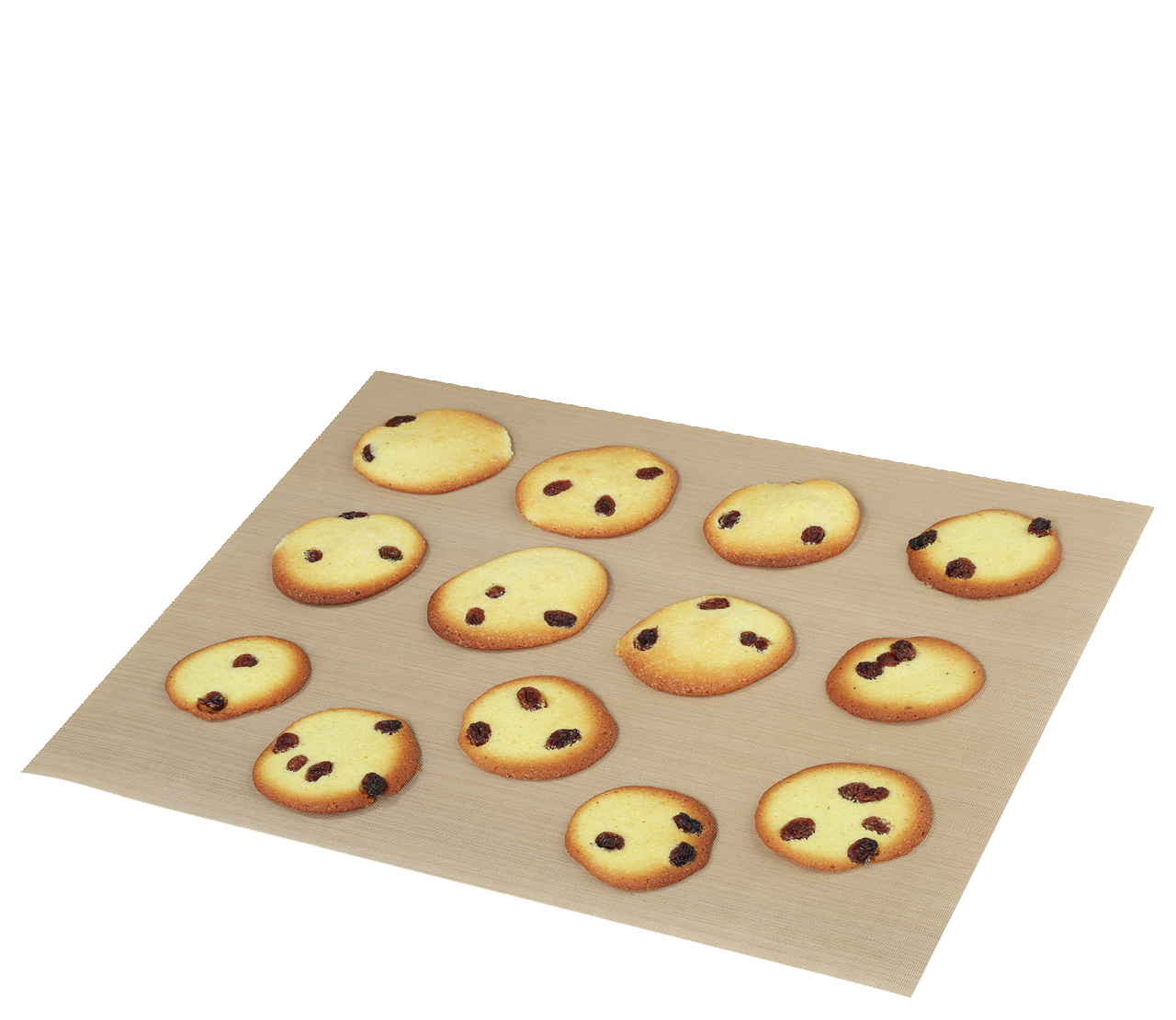 Dauerbackfolie mit frisch gebackenen Keksen, aus einer leicht schrägen Vogelperspektive fotografiert.