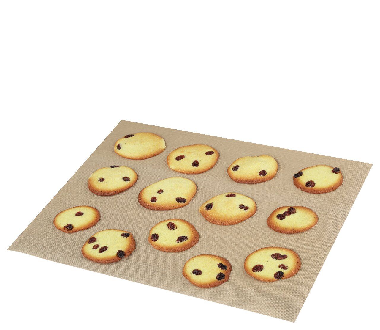 Dauerbackfolie mit frisch gebackenen Keksen, aus einer leicht schrägen Vogelperspektive fotografiert.