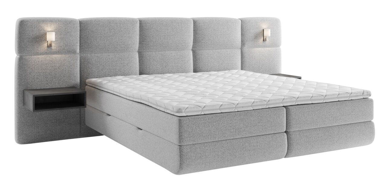 XORA Boxspringbed BENITO Graues Boxspringbett mit gepolstertem Kopfteil, integrierten Nachttischlampen und seitlichen Ablagen, seitliche Perspektive
