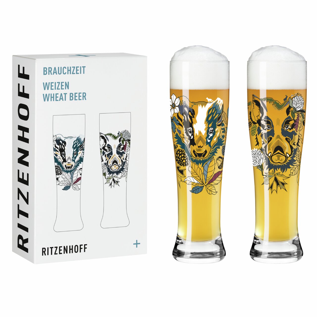 Zwei Weizengläser mit Tiermotiven und Schaumkrone, frontal abgebildet neben der Verpackung.
